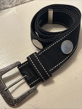 Black 100% Cotton Fabric With Antique Silver Western Buckle/Conchos M/Lg Belt